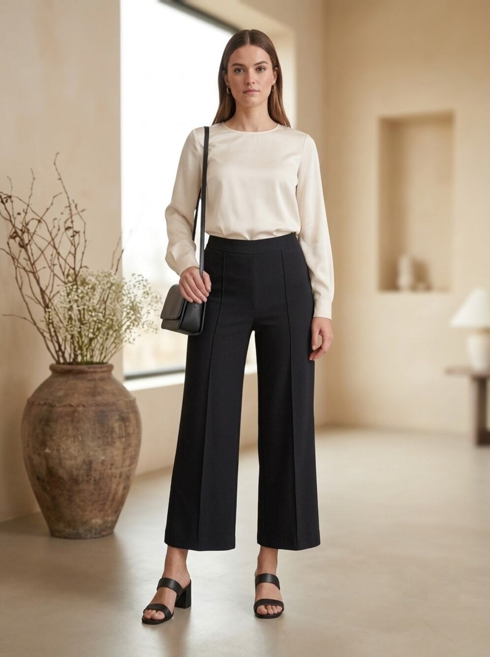 Christian Siriano Cropped Pants New York Womens S Black Seam Front Wide-Leg